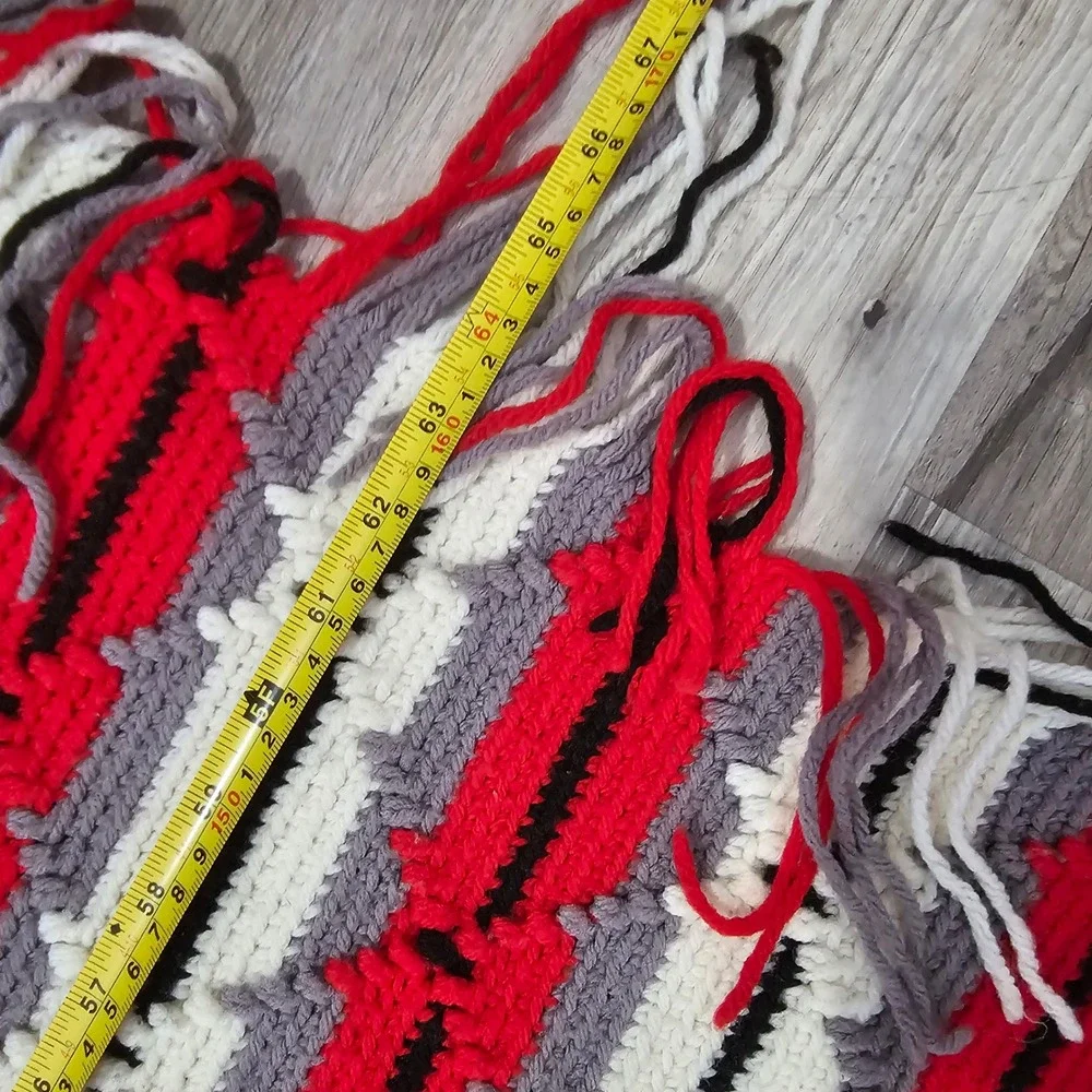 Handmade Crochet Throw Blanket Red Grey White Black Geometric Fringe 67x57‎